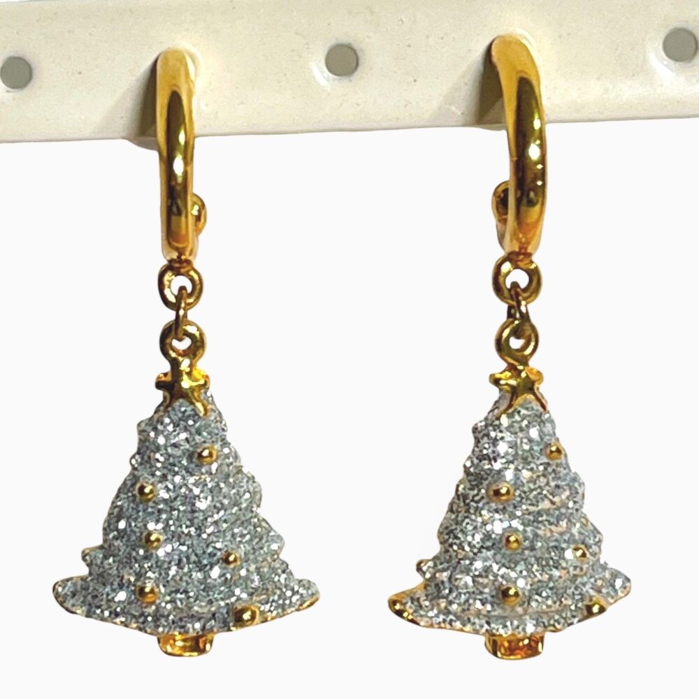 Gold Tone Earrings Hoops Dangle Christmas Tree Charms Tinsel Glitter Festive